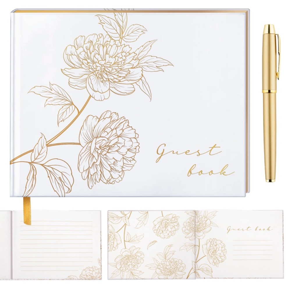 Gold Floral Wedding Guestbook with Gold Pen